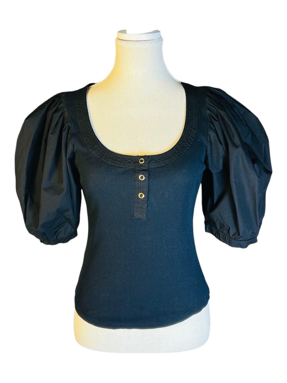 Ulla Johnson Harlowe Noir Black Ribbed Cotton Puff Sleeve Henley Top P XS
